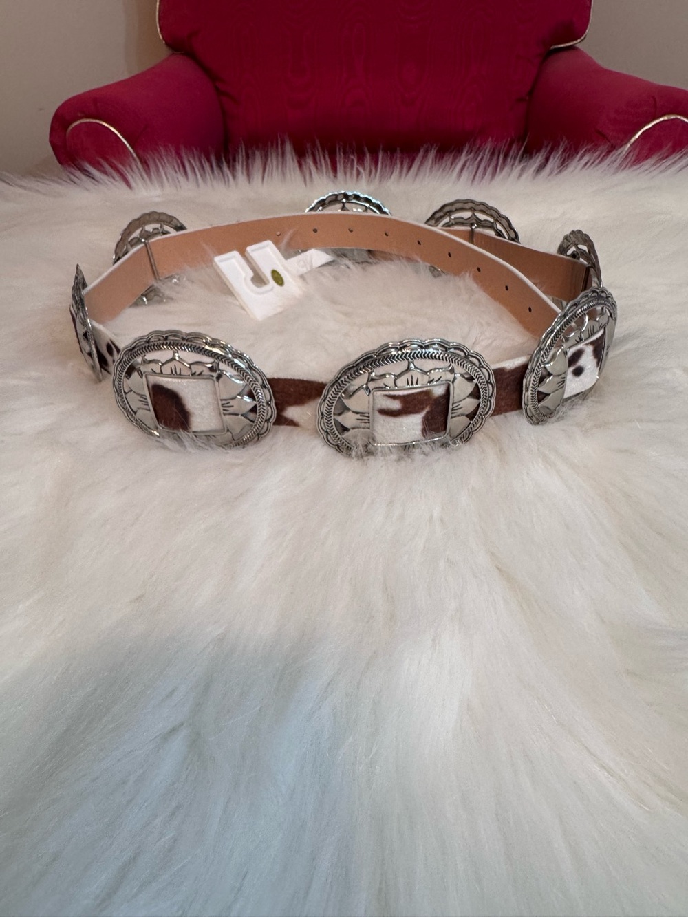 Belt Women’s Western Silver and Faux Cow Hide 38” New